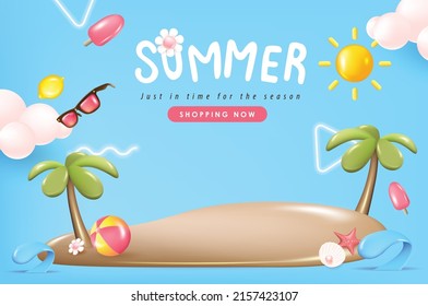 Farbige Sommer-Verkaufsbanner-Hintergrund mit Insel- und Strandbäumen schmücken 