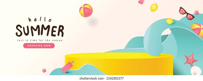 Banner de venta de verano colorido con vibraciones de playa decorada y presentación de producto en forma cilíndrica 