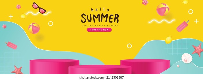 Colorful Summer sale banner with beach vibes decorate and product display cylindrical shape 