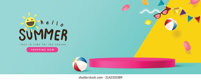 Colorful Summer sale banner with beach vibes decorate and product display cylindrical shape 