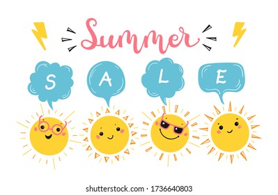 Colorful Summer Sale Banner with Cartoon Doodle Funny Cute Sun and Speech Bubble. Vector Happy Kawaii Sun Characters Set