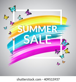 Colorful Summer Sale Banner design for promotion. Poster with frame and butterflies.  Vector background.