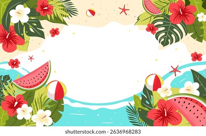 colorful summer sale banner featuring tropical leaves, flowers, watermelon slices, beach balls,summer background
