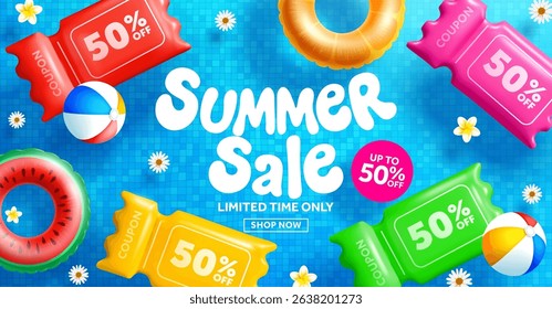 Colorful summer sale banner with floating fruit pool float vector and discount coupons with beach balls in swimming pool,Fruit floating Vector for summer promotion and summer shopping event template
