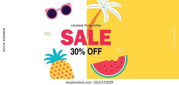 Colorful summer sale banner with palm tree, watermelon, pineapple, and sunglasses. Bold "SALE 30% OFF" text creates a fun and vibrant seasonal promotion.