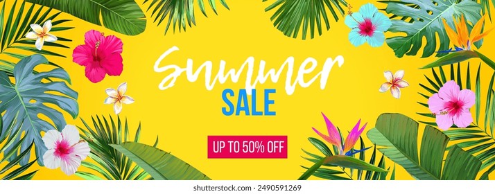 Colorful summer sale banner or poster template with flowers hibiscus, monstera, palm, paradise flower, plumeria flower, bright summer sale advertisement. Summer sale bright banner vector