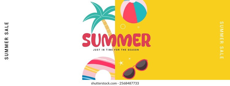 Colorful Summer Sale Banner or Poster template with Sunglasses, tree, Beach Ball and Tropical Elements, Vibrant Summer Sale.