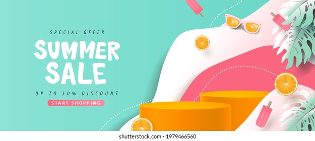 Colorful Summer sale banner with product display cylindrical shape and festive decoration for Summer