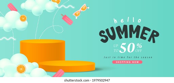 Colorful Summer sale banner with product display cylindrical shape 