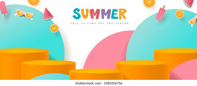 Colorful Summer sale banner with product display cylindrical shape