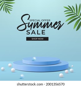 Colorful Summer sale banner with product display cylindrical shape. Abstract minimal scene on blue pastel background with cylinder podium and leaves.