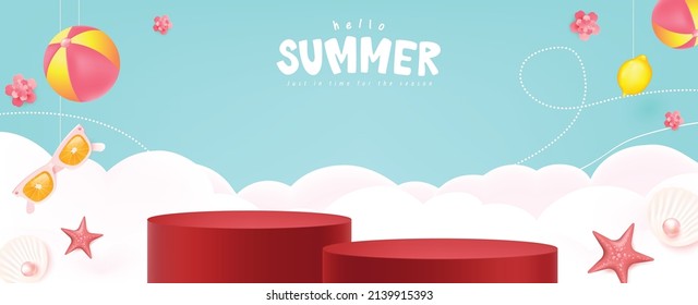 Colorful Summer sale banner with product display cylindrical shape
