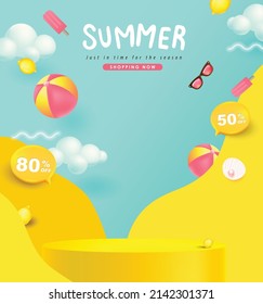 Colorful Summer sale banner with product display cylindrical shape 