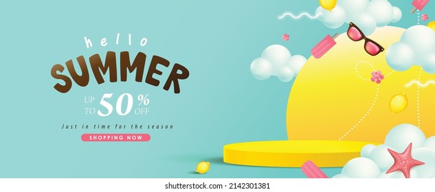 Colorful Summer sale banner with product display cylindrical shape  - Shutterstock ID 2142301381