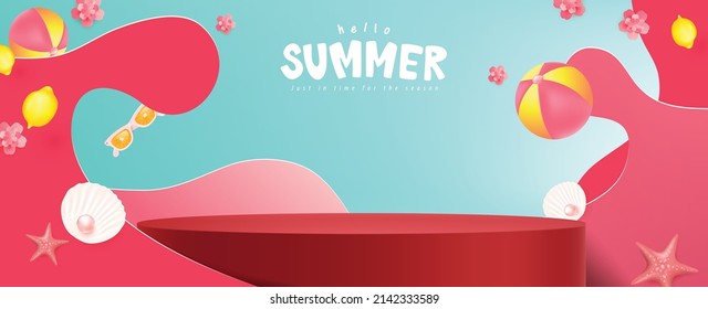 Colorful Summer sale banner with product display cylindrical shape