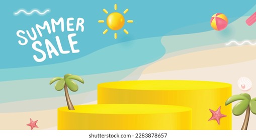 Colorful Summer sale banner with product display cylindrical shape 