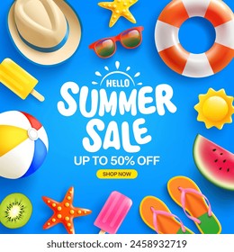 Colorful Summer Sale Banner with Sunglasses, Watermelon, Ice Cream, and Beach Ball, Vibrant Summer Sale Advertisement with Beach Accessories and Fruits.Vector illustration eps 10