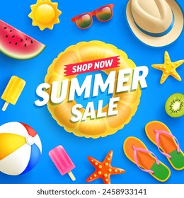 Colorful Summer Sale Banner with Sunglasses, Watermelon, Ice Cream, and Beach Ball, Vibrant Summer Sale Advertisement with Beach Accessories and Fruits.Vector illustration eps 10