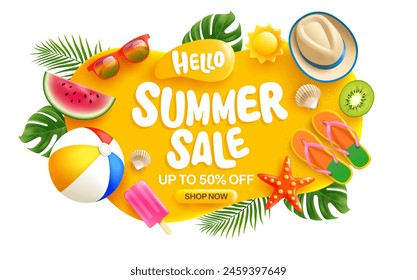 Colorful Summer Sale Banner with Sunglasses, Watermelon, Ice Cream, and Beach Ball, Vibrant Summer Sale Advertisement with Beach Accessories,Fruits and  Tropical leaves.Vector illustration eps 10