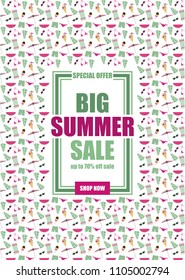 Colorful summer sale banner template with summer elements - beach towel, sunglasses, icecream, watermelon slice, sunshade, palm leaf. Graphic illustration for promotion, discount flayer, special offer