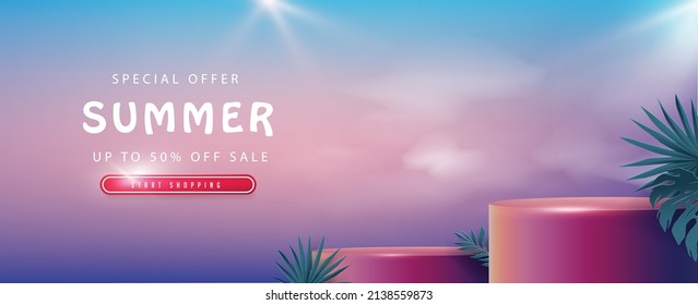 Colorful Summer sale banner with tropical product display cylindrical shape