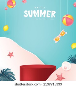 Colorful Summer sale banner with tropical product display cylindrical shape