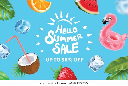 Colorful Summer Sale Banner with Watermelon, Pink Flamingo Pool Float, coconut cocktail and tropical palm. Summer element on blue background. Promotion and shopping template for Summer discount 