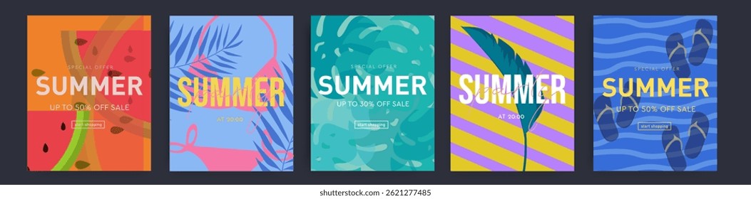 Colorful Summer Sale Banners Set in Tropical Style with Bold Design. Perfect for promoting summer discounts, fashion events, online shopping. Ideal for e-commerce platforms, social media ads, posters.