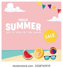 Colorful summer sale. Summer beach and sand view. Summer concept. Flat vector illustration.