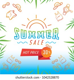 colorful summer sale fashion products background design with sunglassee,t-shirt,tanktop,watch and sandal vector illustration