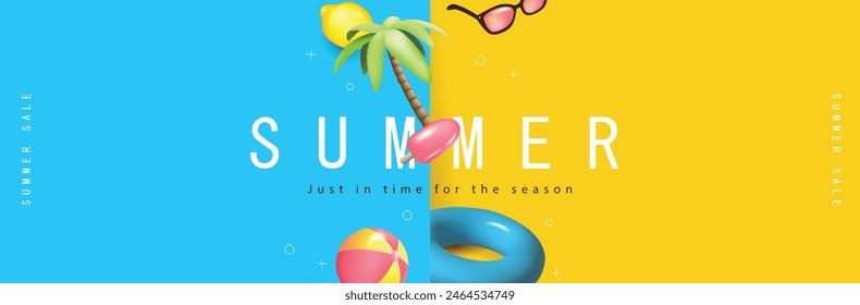 Colorful Summer sale promotion banner with summer tropical beach vibes decoration background 