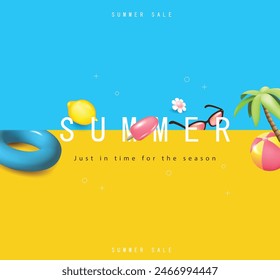 Anuncio colorido de la promoción de la venta del verano con el fondo tropical de la decoración de la playa del verano 