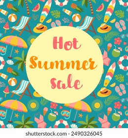 A colorful summer sale sign with beach and pool items. The sign is yellow and blue and has a round shape