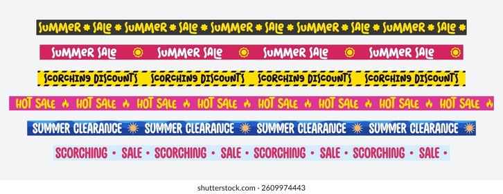Colorful Summer Sale Tape Collection with Bold Text and Seasonal Icons. Perfect for Promotions, Storefronts, Packaging, E-commerce Banners, and Retail Advertising. Vector Illustration.