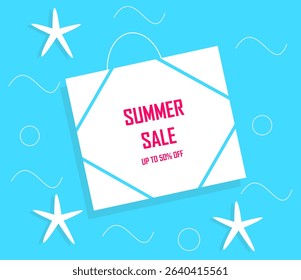 Colorful summer sales banner with starfish, package and the inscription "Summer Sale. Up to 50% off"