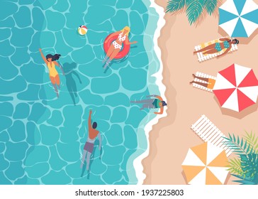 Colorful summer sea beach, swimming and resting people vector cartoon illustration. Colorful sun umbrellas, sun beds and lifebuoy 