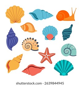 Colorful Summer Sea Shell Bundle Set – Tropical Beach Clipart Collection with Cartoon Ocean Shells, Starfish, and Snails for Kids Crafts, Stickers, and Vacation Design Projects