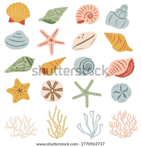Colorful Summer Sea Shell Bundle Set. Cartoon Ocean Shells, Starfish and seaweed 
