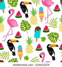 Colorful summer seamless background. flamingos and toucans. vector cartoon illustration