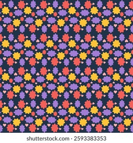 Colorful summer seamless pattern. Abstract flowers and hearts. Vector flat illustration.