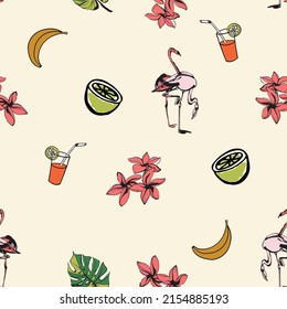 Farbige Sommer nahtlose Muster Hintergrund mit handgezeichnet Flamingo, Blatt, Saft, Zitrone, Blume, Blumen, Blumen, Bananenelemente