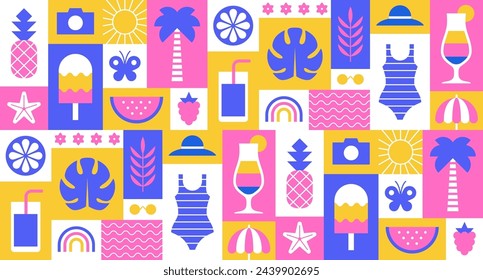 Colorful summer seamless pattern or background with symbols and icons in grid blocks.