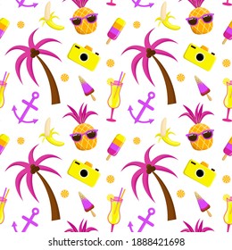 Colorful summer seamless pattern with beach elements, palm trees, pineapples, ice cream, glasses, anchor and camera.Vector illustration.