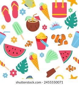 Colorful summer seamless pattern. Beach elements: sunglasses, palm, watermelon slice, tote bag, umbrella, ice cream, waves, sand. Fashion print design, vector illustration. Creative vector texture