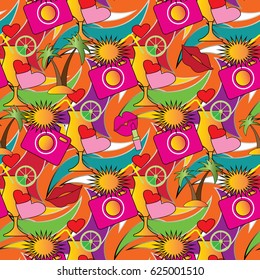 Colorful summer seamless pattern. Bright background wallpaper illustration with beauty travel  elements, love hearts,juice glass, lemon, lips, sun, palms, kiss, photo camera. Vector colored texture.