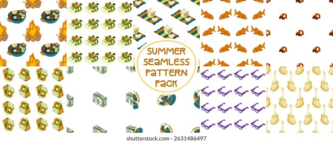 Colorful Summer Seamless Pattern Collection.  Seamless patterns with summer-themed objects including food, accessories, and travel gear. Cartoon style with bright palette on white backgrounds.