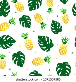 Colorful summer seamless pattern created from pineapples and tropical leaves on white background. Textile print, wallpaper, wrapping paper, scrapbooking, stationery. Product packaging design. EPS 10