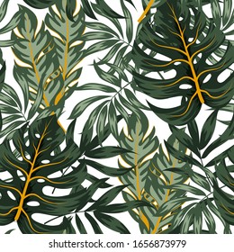 Farbiges nahtloses Muster im Sommer. Kreatives abstraktes Muster mit tropischen Pflanzen. Hand zeichnen Textur. Vorlage für die Vektorillustration. Dschungelblätter. Botanisches Muster. Exotische Tapete, hawaiianischer Stil.