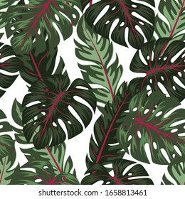 Farbiges nahtloses Muster im Sommer. Kreatives abstraktes Muster mit tropischen Pflanzen. Hand zeichnen Textur. Vorlage für die Vektorillustration. Dschungelblätter. Botanisches Muster. Exotische Tapete, hawaiianischer Stil.