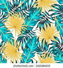 Colorful summer seamless pattern. Creative abstract pattern with tropical plants. Hand draw texture. Vector template. Jungle leaves. Botanical pattern. Exotic wallpaper, Hawaiian style.